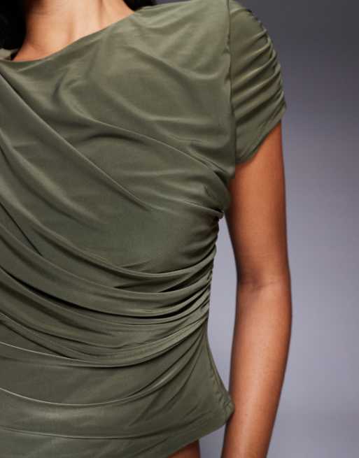 ASOS DESIGN slinky short sleeve drape front top in dark olive, 3 of 4