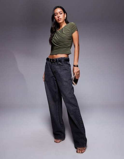 ASOS DESIGN slinky short sleeve drape front top in dark olive, 4 of 4