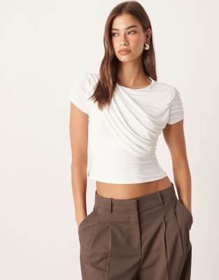 Asos Design Slinky Short Sleeve Drape Front Top In White