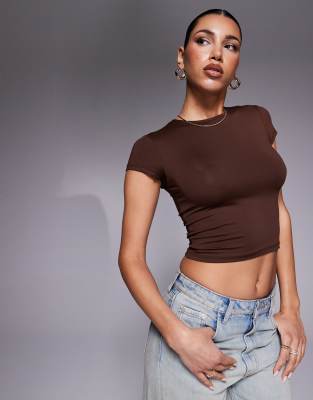 Asos Design Slinky Short Sleeve Top In Chocolate-black