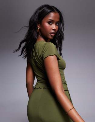 Asos Design Slinky Short Sleeve Top With Lettuce Edge In Green