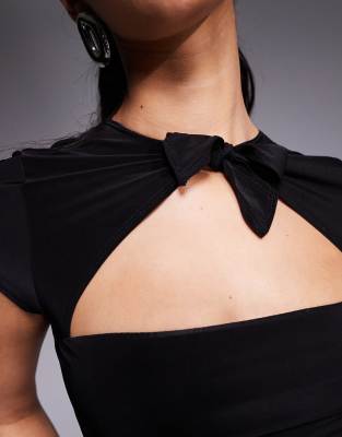 Asos Design Slinky Short Sleeve Top With Tie Detail In Black