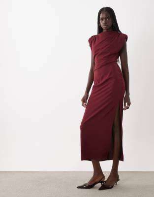 Asos Design Slinky Shoulder Pad Maxi Dress With Tuck Waist Detail In Red
