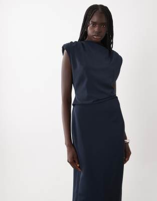 ASOS DESIGN slinky shoulder pad maxi dress with tuck waist detail in navy