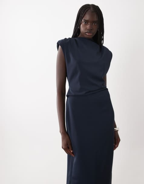 ASOS DESIGN slinky shoulder pad maxi dress with tuck waist detail in navy - view 1