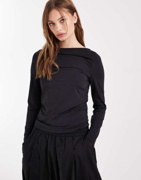 ASOS DESIGN slinky slash neck long sleeve top in black - view 1