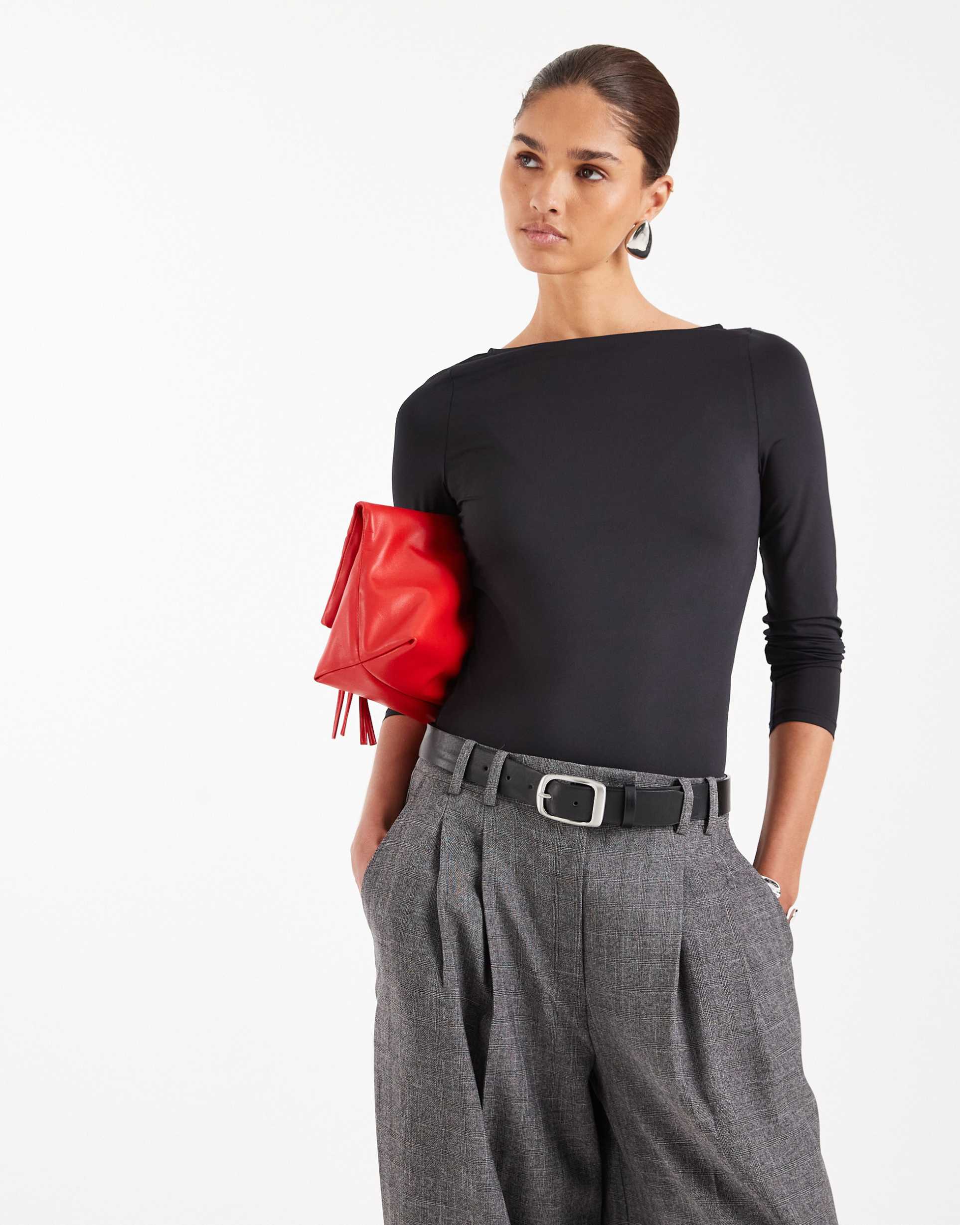 asos design slinky slash neck long sleeve top in black