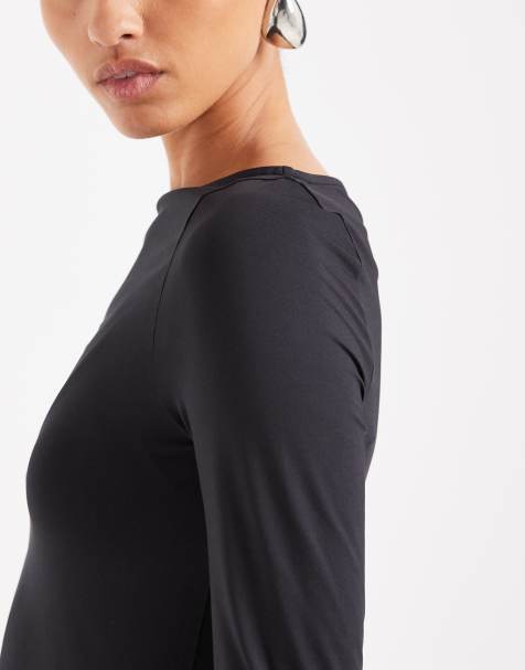 ASOS DESIGN slinky slash neck long sleeve top in black - view 1