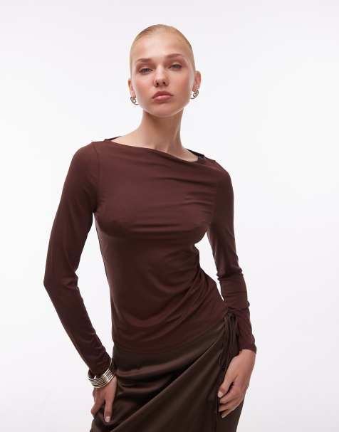 ASOS DESIGN slinky slash neck long sleeve top in chocolate