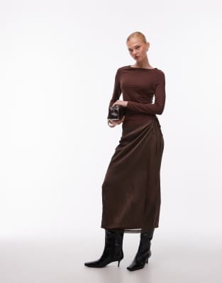 Asos Design Slinky Slash Neck Long Sleeve Top In Brown