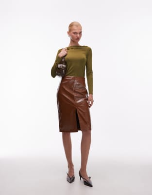 Asos Design Slinky Slash Neck Long Sleeve Top In Green