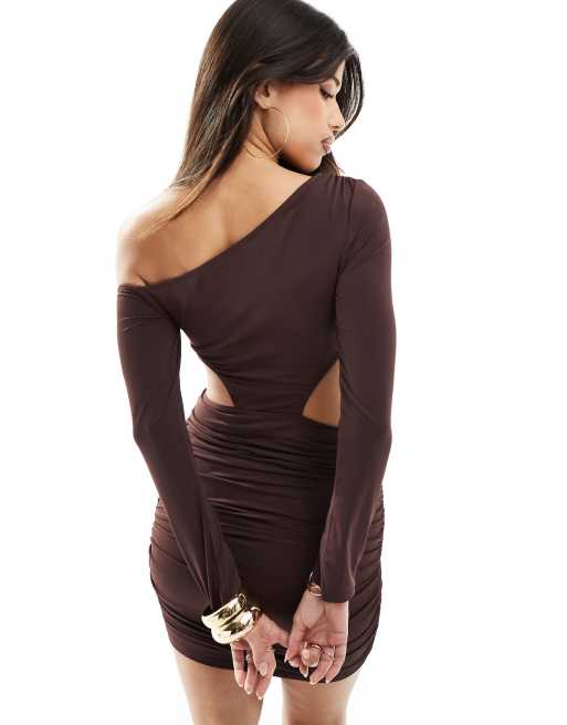 ASOS DESIGN slinky slash neck mini dress with cut outs in chocolate brown, 2 of 4