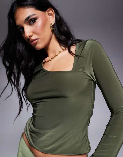 ASOS DESIGN slinky slash neck tank long sleeve top in khaki (part of a set) - view 1