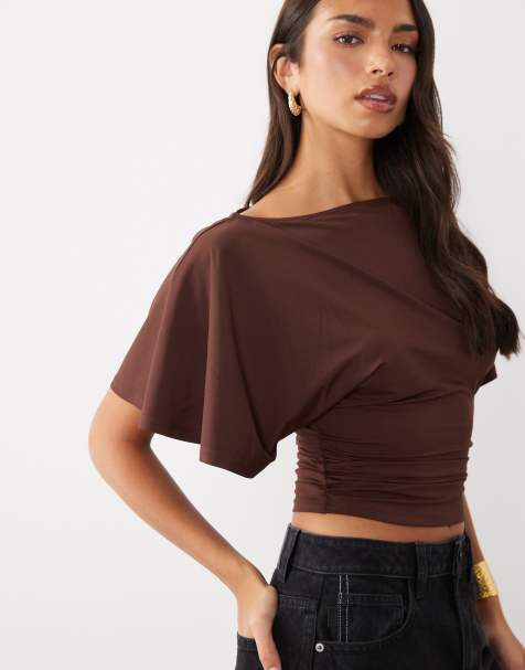 ASOS DESIGN slinky slash neck top with batwing short sleeve in chocolate - view 1