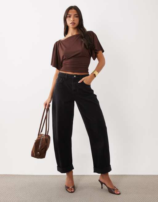 ASOS DESIGN slinky slash neck top with batwing short sleeve in chocolate, 2 of 4