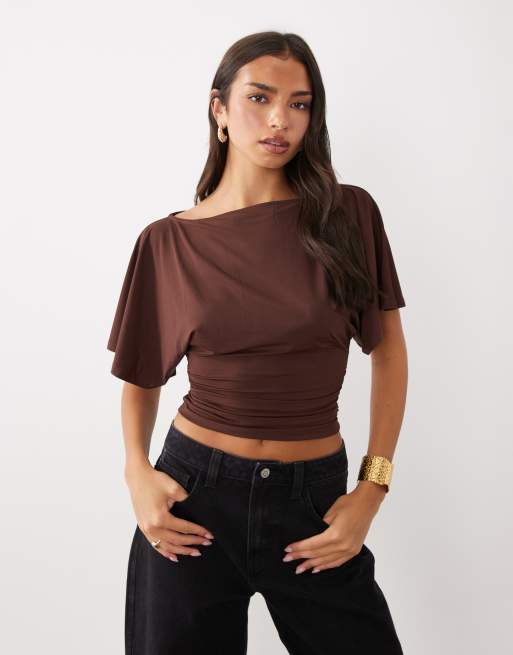 ASOS DESIGN slinky slash neck top with batwing short sleeve in chocolate, 3 of 4