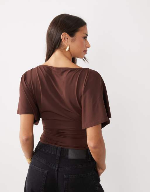 ASOS DESIGN slinky slash neck top with batwing short sleeve in chocolate, 4 of 4