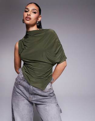 Asos Design Slinky Sleeve Top With Asymmetric Hem In Green