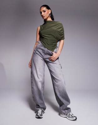 Asos Design Slinky Sleeve Top With Asymmetric Hem In Green