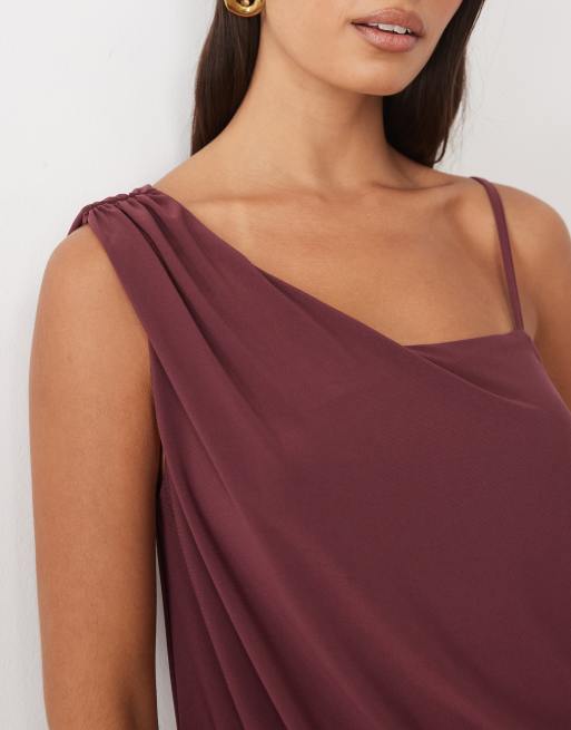 ASOS DESIGN slinky sleeveless asymmetric drape mini dress in berry, 2 of 4