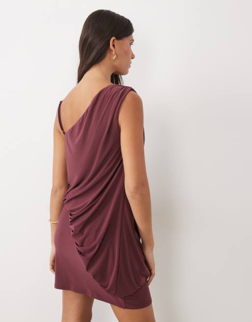 ASOS DESIGN slinky sleeveless asymmetric drape mini dress in berry, 4 of 4