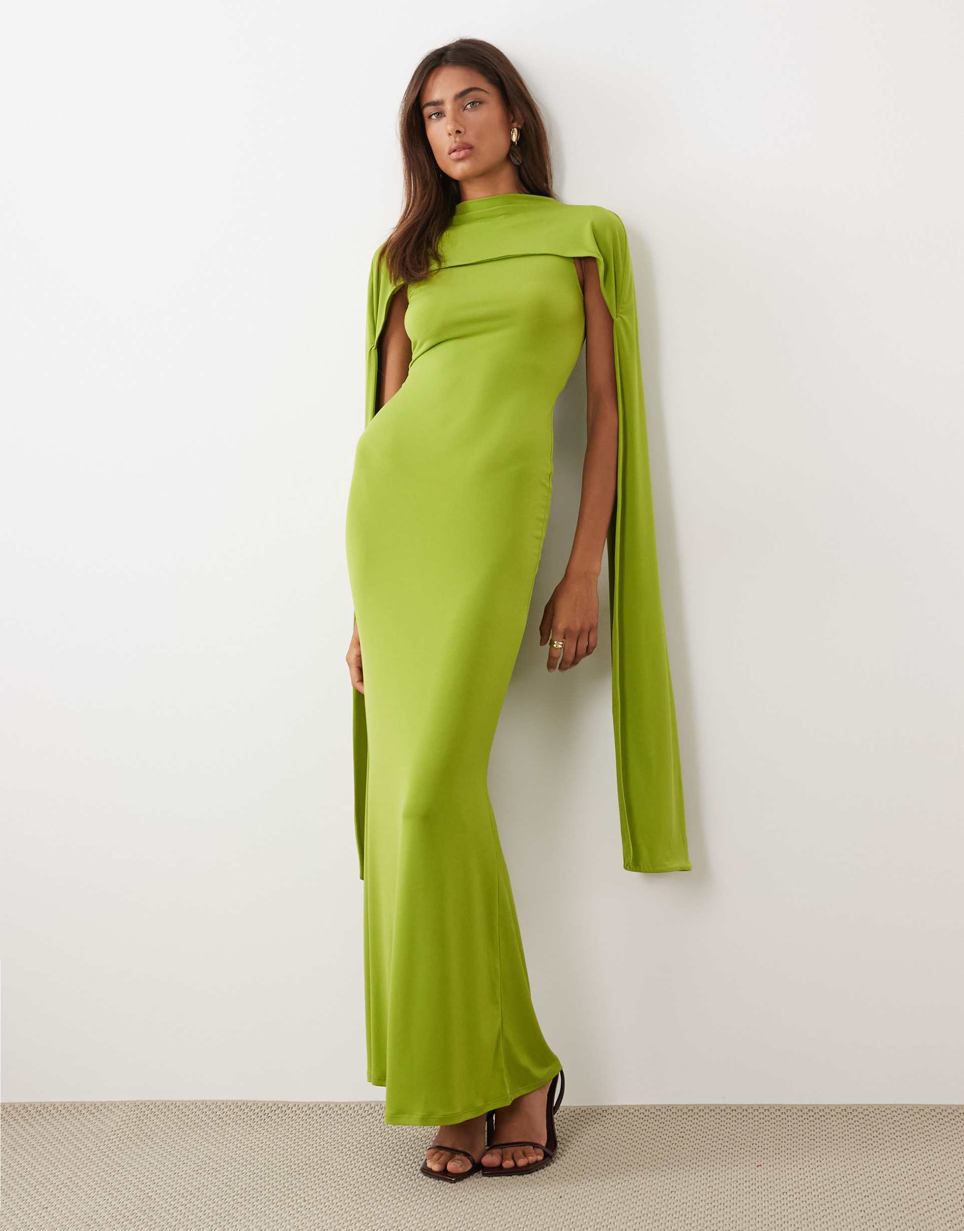 asos design slinky sleeveless extreme scarf detail maxi dress in moss green