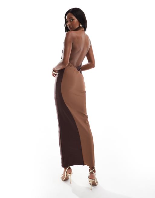 ASOS Design Slinky Sleeveless Half and Half Maxi Dress in Brown and Cream