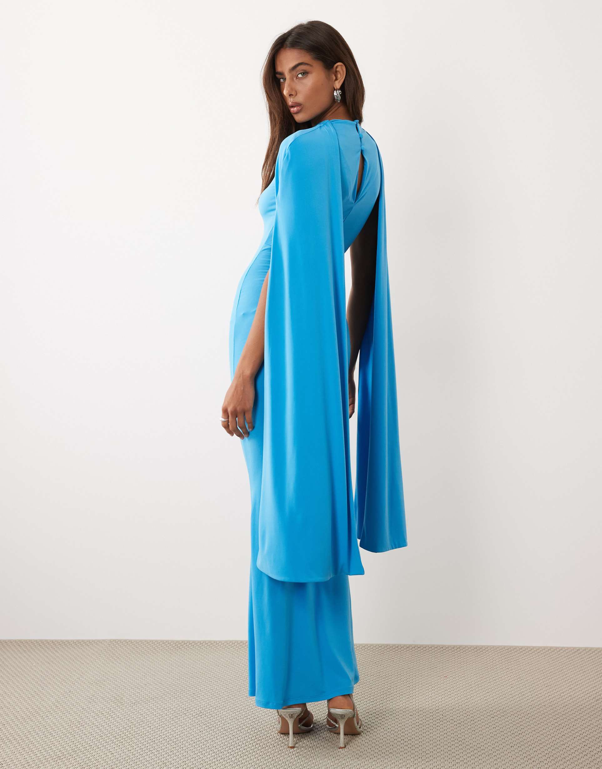 asos design slinky sleeveless maxi dress with extreme cape shoulder detail in blue