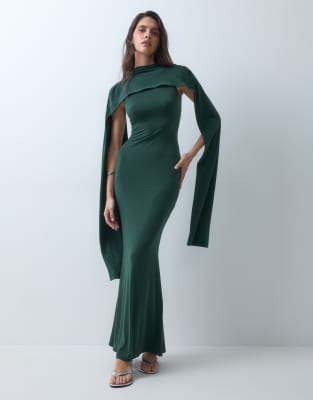 Asos Design Slinky Sleeveless Maxi Dress With Extreme Cape Shoulder Detail In Metallic
