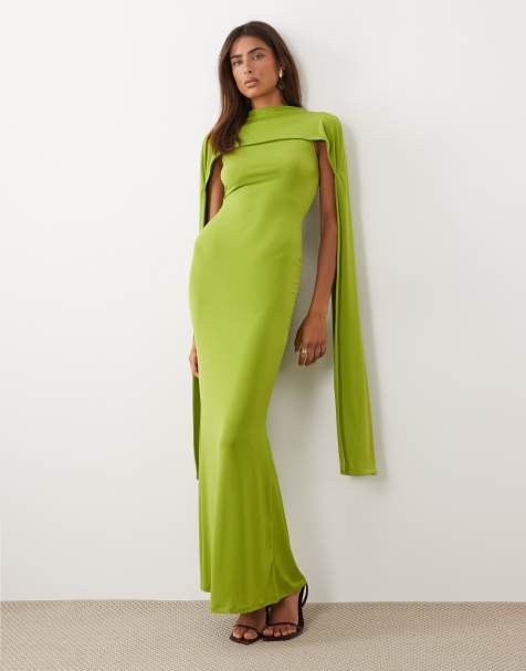 ASOS DESIGN slinky sleeveless maxi dress with extreme cape shoulder detail in bright green - view 1