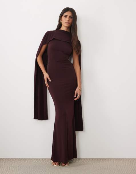 ASOS DESIGN slinky sleeveless maxi dress with extreme cape shoulder detail in dark plum - view 1