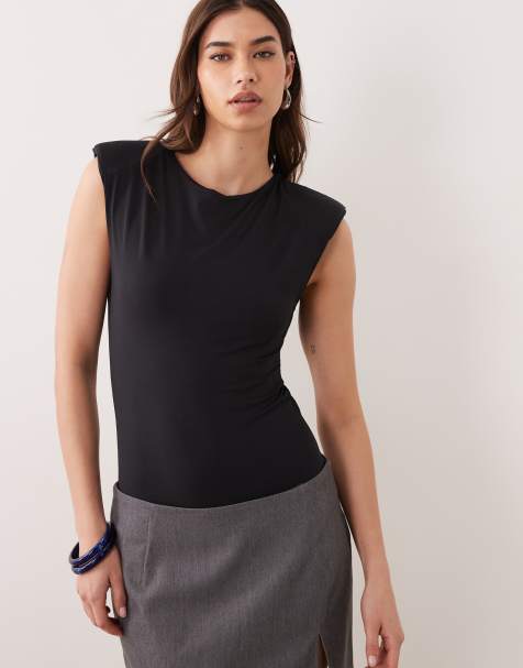 ASOS DESIGN slinky sleeveless shoulder pad bodysuit in black