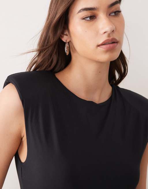 ASOS DESIGN slinky sleeveless shoulder pad bodysuit in black, 3 of 4