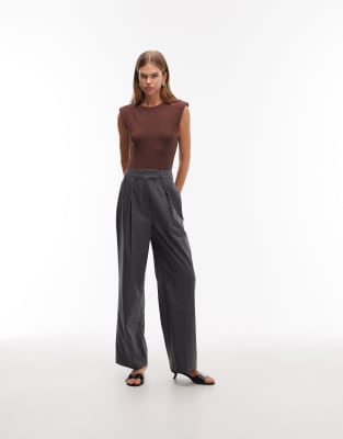 Asos Design Slinky Sleeveless Shoulder Pad Bodysuit In Brown