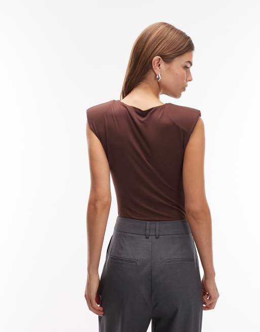 ASOS DESIGN slinky sleeveless shoulder pad bodysuit in chocolate, 3 of 4