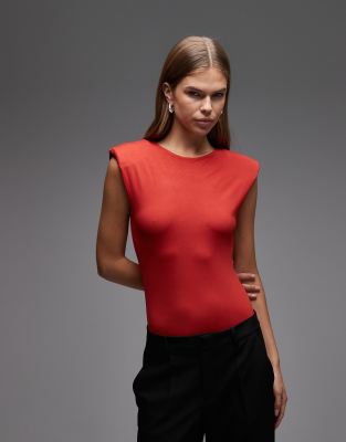 Asos Design Slinky Sleeveless Shoulder Pad Bodysuit In Red