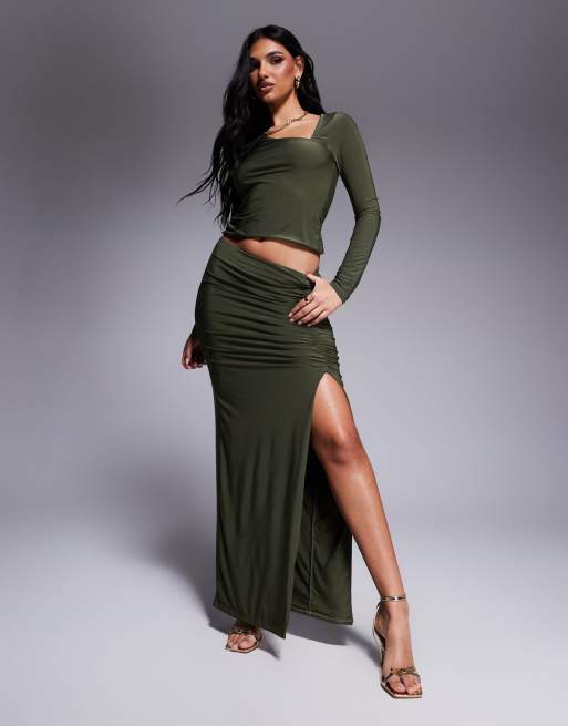 ASOS DESIGN slinky slit front ruched maxi skirt in khaki - part of a set
