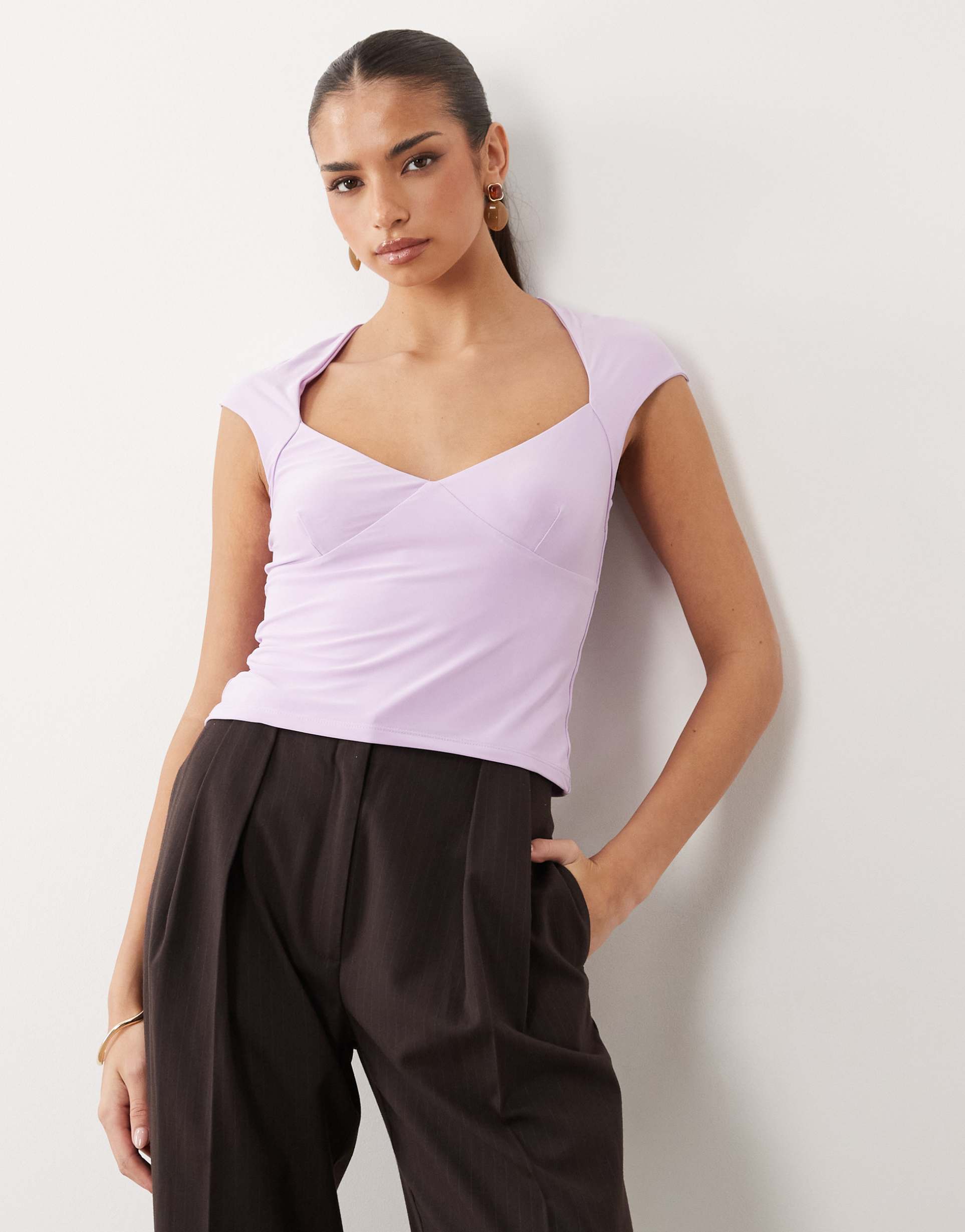 asos design slinky soft scoop neck cap sleeve top in lilac