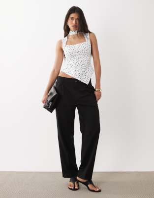 ASOS DESIGN slinky square neck asymmetric hem top in white polka dot