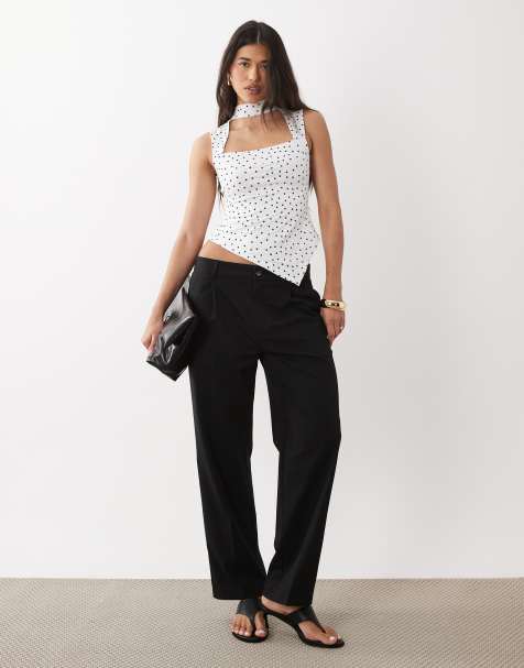 ASOS DESIGN slinky square  neck asymmetric hem top in white polka dot - view 1