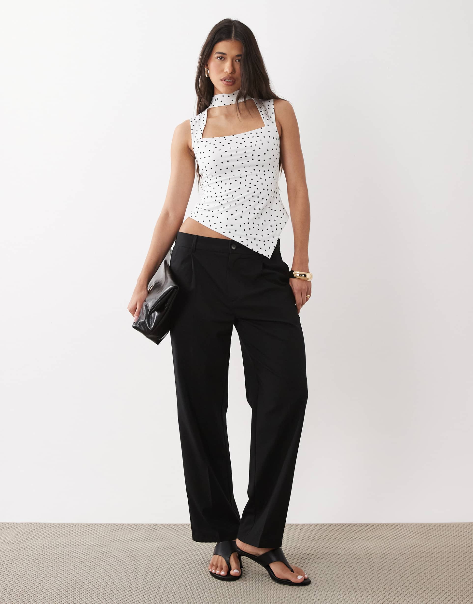 asos design slinky square neck asymmetric hem top in white polka dot