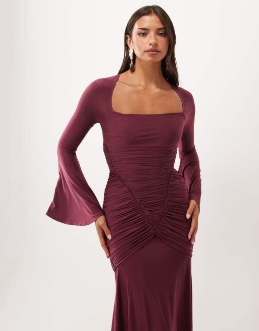 ASOS DESIGN slinky square neck maxi dress with ruched bodice in berry, 2 of 4