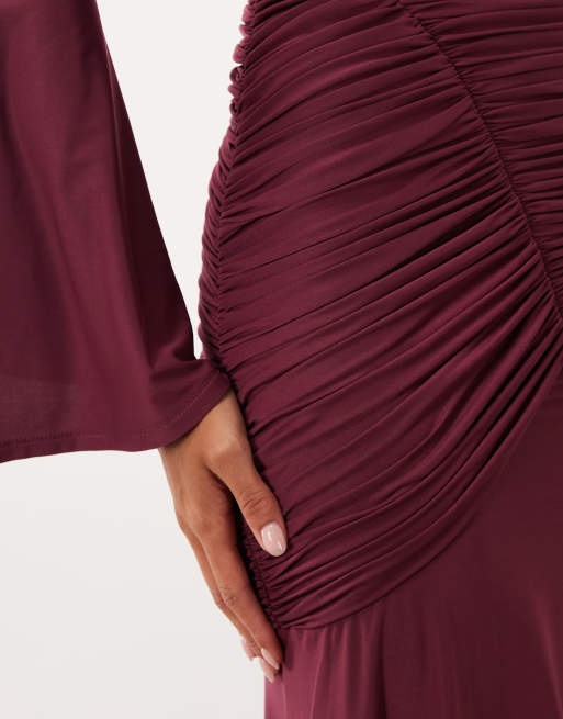 ASOS DESIGN slinky square neck maxi dress with ruched bodice in berry, 3 of 4
