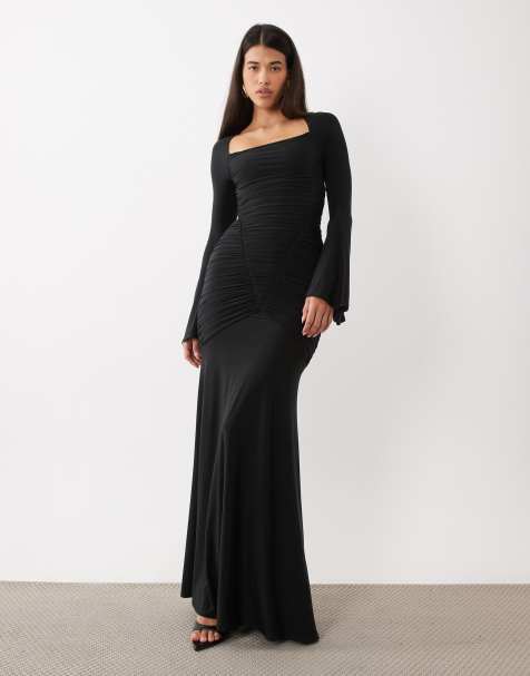 ASOS DESIGN slinky square neck maxi dress with ruched bodice in black - view 1