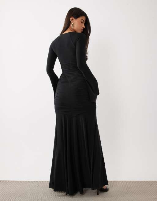 ASOS DESIGN slinky square neck maxi dress with ruched bodice in black, 2 of 4