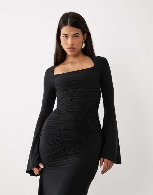 ASOS DESIGN slinky square neck maxi dress with ruched bodice in black, 3 of 4