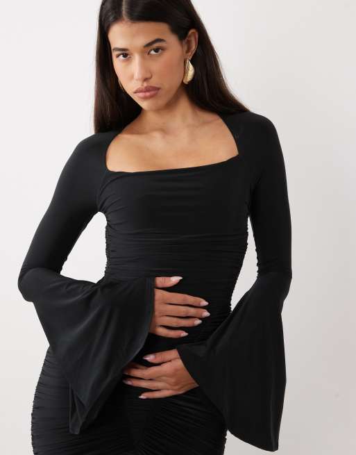 ASOS DESIGN slinky square neck maxi dress with ruched bodice in black, 4 of 4