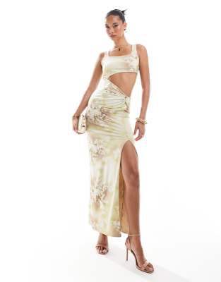 Asos Design Slinky Square Neck Maxi Dress With Sarong Knot Detail Skirt In Yellow Smoky Floral-multi