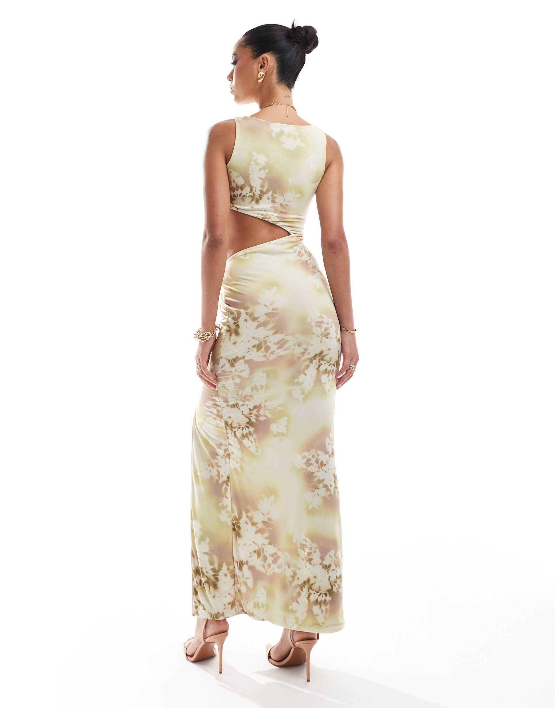 asos design slinky square neck maxi dress with sarong knot detail skirt in yellow smoky floral