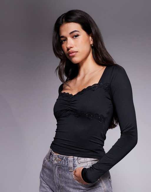 ASOS DESIGN slinky square neck ruched front long sleeve top with lace in black